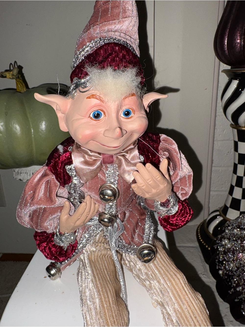Kurt Adler Velvet Elf Doll in Dusty Rose, Burgundy and Cream - Picture 3 of 4